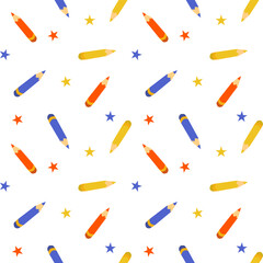 Seamless pattern with colorful pencils and stars on a white background. Ideal for school-related designs, kids' stationery, and educational materials. Vector-style illustration.