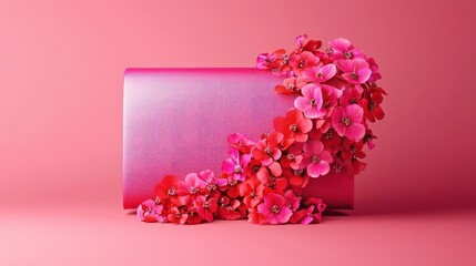 Obraz premium A modern clutch with bright pink and cherry red flowers spilling outward, tilted slightly on a solid hot pink background with open surroundings.