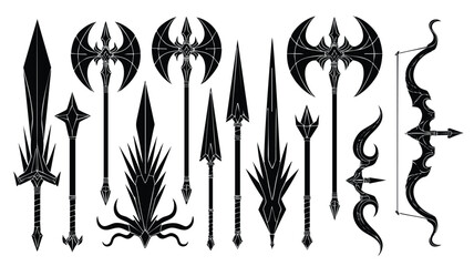 A collection of stylized, black silhouette weapons, including swords, axes, spears, and a bow and arrow