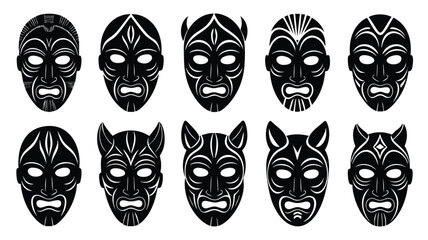 A set of twelve black and white tribal masks, showcasing diverse stylized facial expressions and decorative patterns