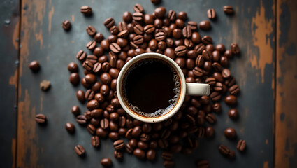 Naklejka premium A clean arrangement of black coffee in a white cup on a dark surface with rustic coffee beans scattered around.