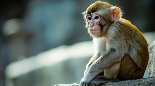 Adorable Rhesus Monkey Perched on a Stone Wall - Close-Up Shot