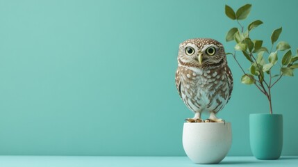 Adorable Little Owl Perched on a Pot Against a Teal Background