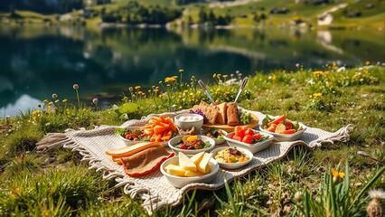 Obraz premium Picturesque Lakeside Picnic with Fresh Appetizers and Mountain Views - Delicious Food Arrangement on Blanket for Summer Relaxation, Outdoor Recreation, and Healthy Eating Lifestyle