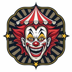 Create a terrifyingly detailed illustration of a devil clown's head, showcasing a sharp-toothed grin within a cracked, decaying circus-style mask.  Focus on intense detail and unsettling realism.