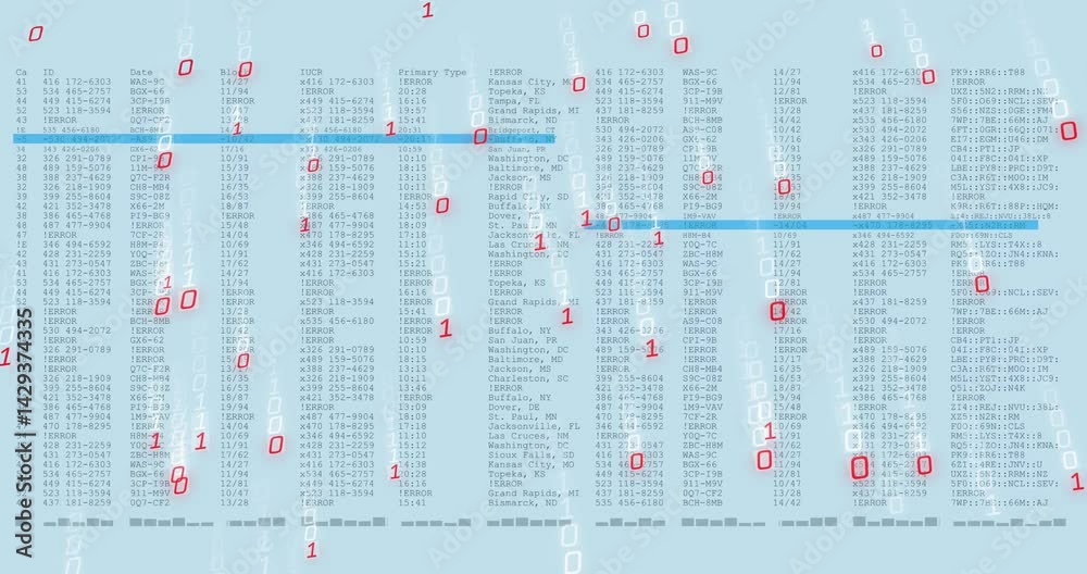 Poster digital interface streaming crime data tables with highlighted rows under cascading binary digits
