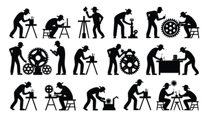 Silhouette illustration of various workers engaged in various tasks related to mechanical and craftsmanship work