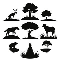 Silhouette Vector Tree Nature and Wildlife Silhouette Collection Scenic Designs Showcasing Animal Interaction in Forest and Outdoor Landscapes for Art, Sublimation, and Crafting