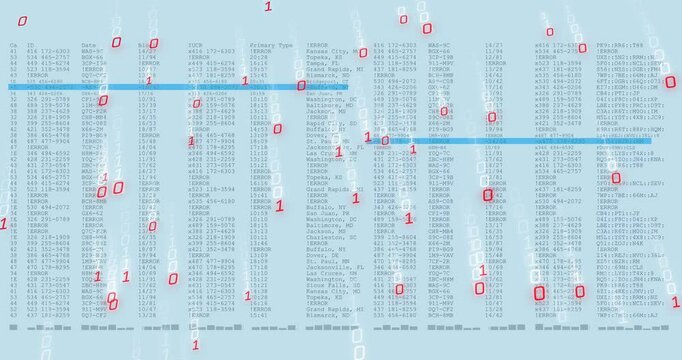 Digital interface streaming crime data tables with highlighted rows under cascading binary digits