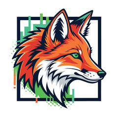 Generate a digital painting of a fox head, rendered in a pixel art style with vibrant glitch effects internally, showcasing a retro-futuristic aesthetic.