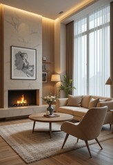 Serene living room interior featuring a fireplace, comfortable seating, a round coffee table, and soft natural light through sheer curtains.