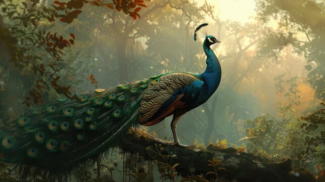 a peacock shows off his beauty in font of phenix king, in the forest, digital painting, realistic