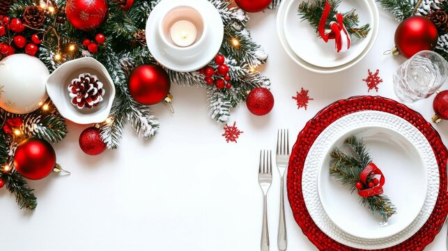 Elegant Christmas Table Setting Featuring White Dishware, Silver Cutlery and Festive Red Accents on a White Background - Top View - Powered by Adobe
