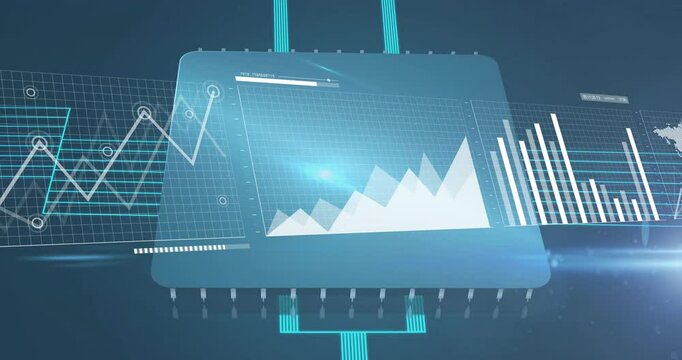 Central panel displaying rising multi-peak data graph in flat design with glowing connectors