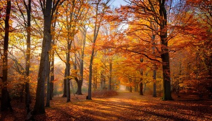 Fototapeta premium autumn trees in a picturesque forest around a footpath with their orange leaves falling down with the breeze