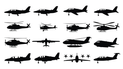 This image showcases a variety of aircraft silhouettes, including planes and helicopters