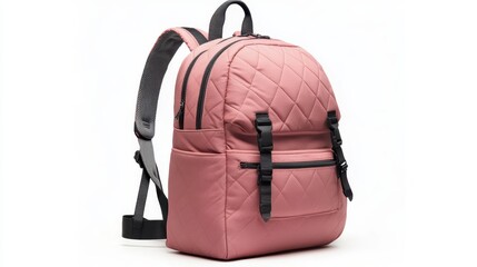 Naklejka premium Urban-inspired pink backpack with geometric graphic detailing, padded shoulder straps, and large main compartment, isolate on white background