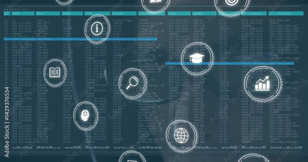 Poster interface displaying teal log entries with floating user, bar chart, magnifier icons for analytics