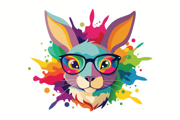 Colorful artistic rabbit in eyeglasses with colorful paint splatters on white background.