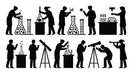 Silhouette illustration showcasing a variety of scientists in different laboratory and observatory settings