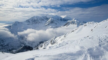 Majestic Winter Mountain Landscape Under Dramatic Cloudy Sky