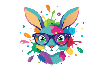 Colorful artistic rabbit in eyeglasses with colorful paint splatters on white background.