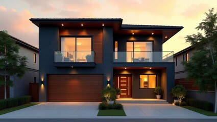 Contemporary house with a stylish balcony offering panoramic views of surrounding landscape and sky