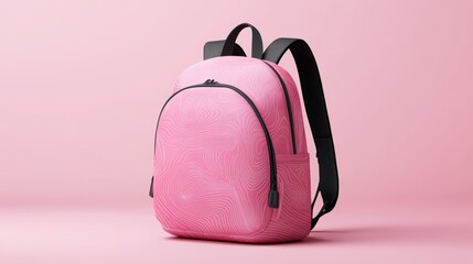 Pink backpack with minimalistic digital graphic design, slim profile, and padded straps for comfort, isolate on white background