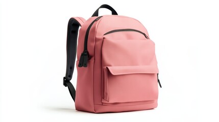 Pink backpack with minimalistic digital graphic design, slim profile, and padded straps for comfort, isolate on white background
