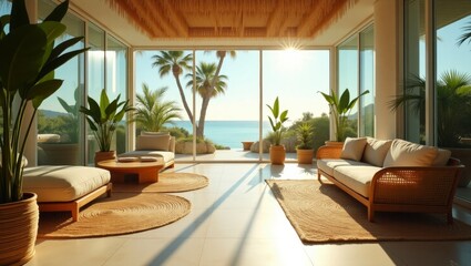 Fototapeta premium Cozy living room featuring a stunning view of the landscape through a large window with vibrant colors and decor