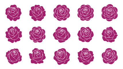Obraz premium A collection of twelve symmetrical, outlined purple rose silhouettes against a white background