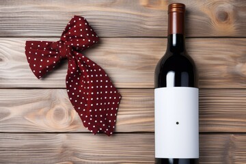 Red wine bottle with a red polka dot bow tie on a wooden background. Father's Day gift.