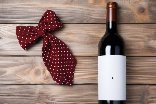 Red wine bottle with a red polka dot bow tie on a wooden background. Father's Day gift.