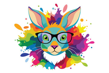 Colorful artistic rabbit in eyeglasses with colorful paint splatters on white background.
