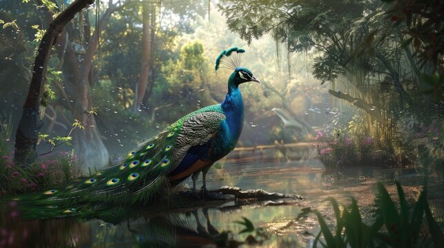 a peacock shows off his beauty in font of phenix king, in the forest, digital painting, realistic