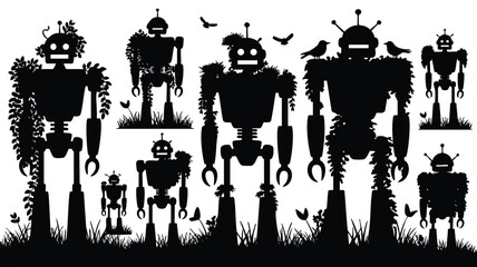 A collection of black silhouette robots, each adorned with lush foliage, standing in a grassy field