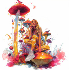 Kopia medytacja Psychedelic Mushroom Fantasy Scene with Woman Sitting on Giant Fungi, Vibrant Surreal Pop Art Illustration, Generative AIyoginki posty - grafika na esty © Prodesign