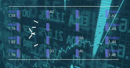 Animated illustration showing neural network overlaying finance grid with input hidden output bars - Powered by Adobe
