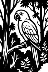 Naklejka premium Vector illustration of a parrot perched on a branch surrounded by trees and leaves in black and white. Represents nature, wildlife, and tropical environments.