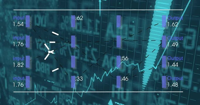 Animated illustration showing neural network overlaying finance grid with input hidden output bars