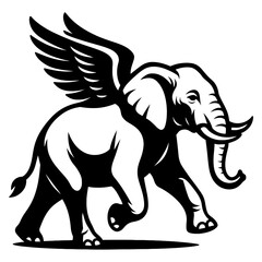 Obraz premium Vector illustration of a flying elephant with large feathered wings in black and white. Represents fantasy, imagination, and surreal creatures.