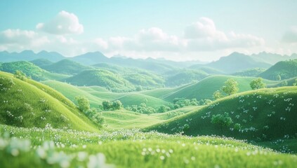 Obraz premium Lush green hills and meadows under a bright sky. Soft light bathes the rolling terrain