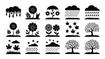 A collection of black silhouette icons depicting various seasonal elements