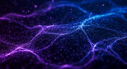 Naklejka premium Futuristic network of glowing purple-blue energy particles on dark cosmic backdrop, AI-generated