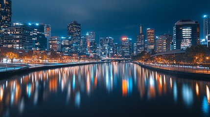 Fototapeta premium Captivating urban panorama showcasing shimmering reflections on the river at dusk