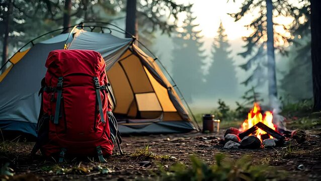 Red travel backpack leaning against yellow tent near campfire in forest. Morning light, photorealistic style. Concepts: hiking gear, nature trip, camping, outdoor adventure, eco tourism, backpacking.