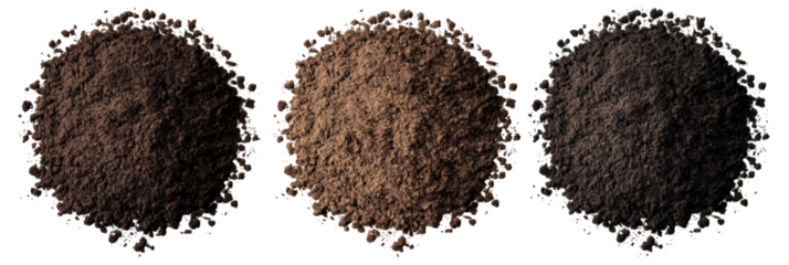 Three Varieties of Ground Coffee: Dark, Medium, and Light Roasts for Brewing Enthusiasts on transparent background