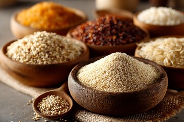 A variety of whole grains in bowls, including brown rice, quinoa, bulgur, and oats, set against a neutral background, emphasizing their natural textures.