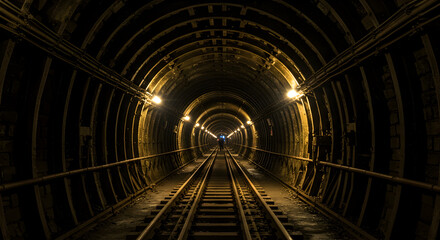 Illuminated Railway Tunnel Interior with Parallel Tracks Perspective View
