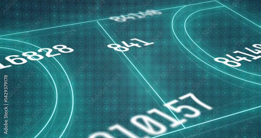 Poster central glowing white number floating within neon teal grid, displaying data interface in 3d render